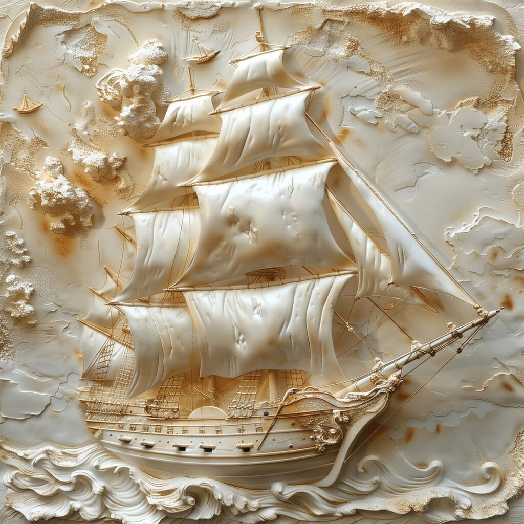 Velero entre olas blancas — diseño completo