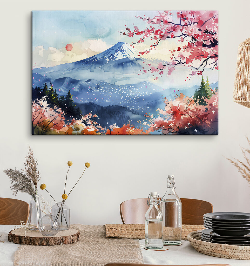Montaña nevada y flores en un interior