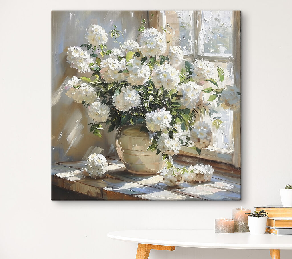 Hortensias blancas al sol en un interior