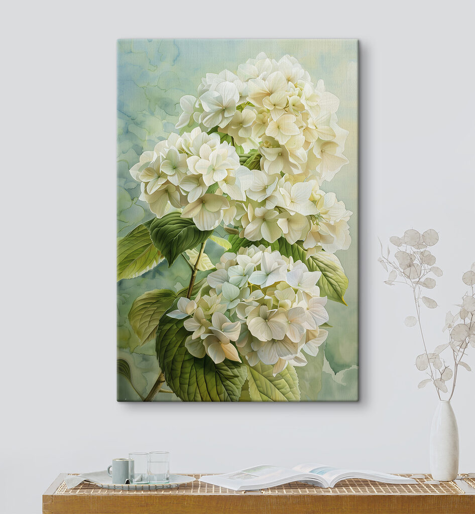 Hortensias en verde primavera en un interior