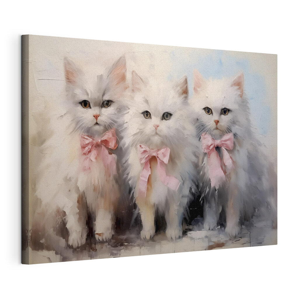 Gatitos con lazos rosas, lienzo tensado con el borde envolvente