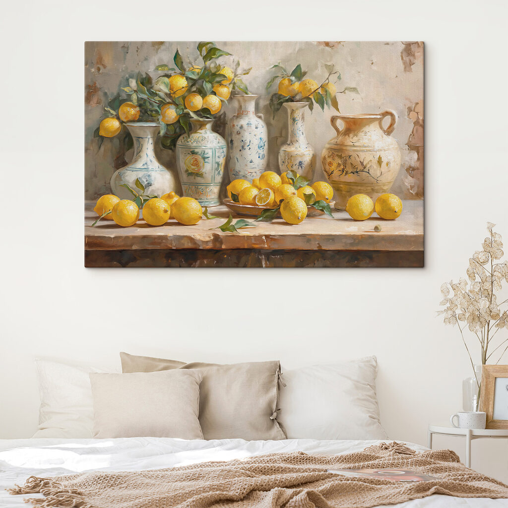 Limones entre jarras pintadas en un interior