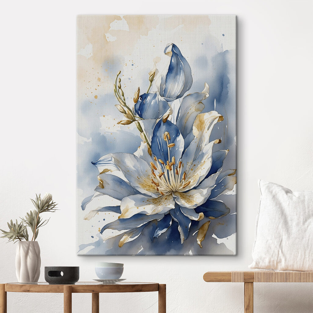 Lirio azul y dorado en un interior