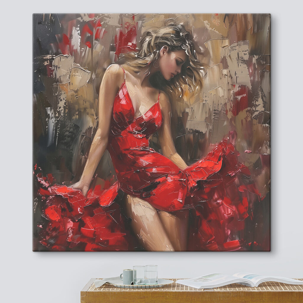 Vestido rojo en movimiento en un interior