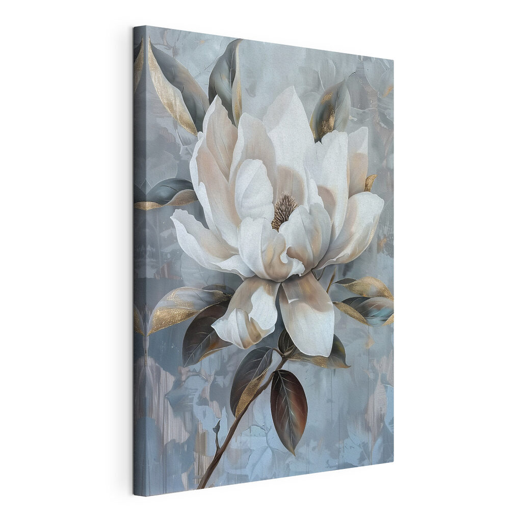 Magnolia sobre azul grisáceo, lienzo tensado con el borde envolvente