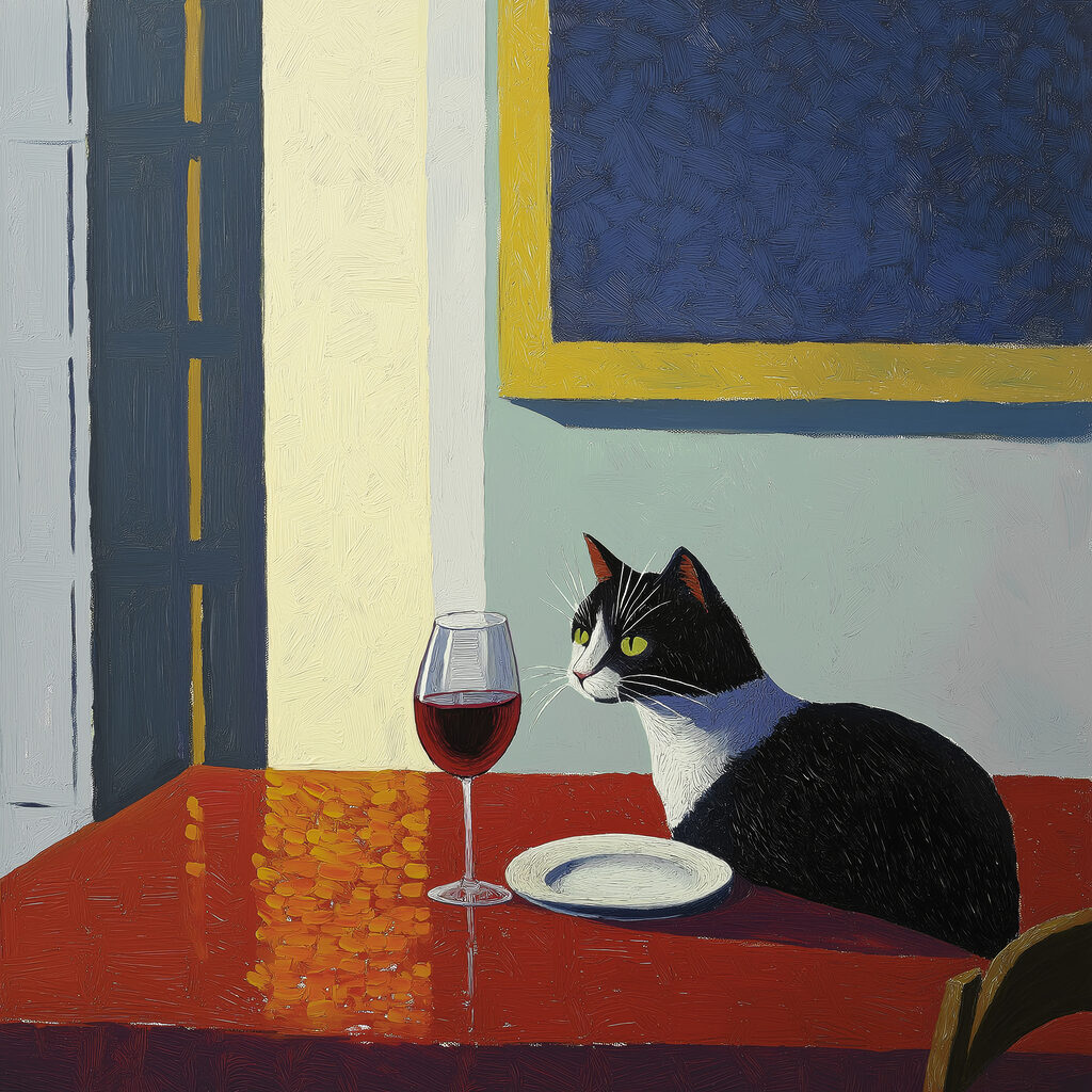 Gato junto al vino — diseño completo