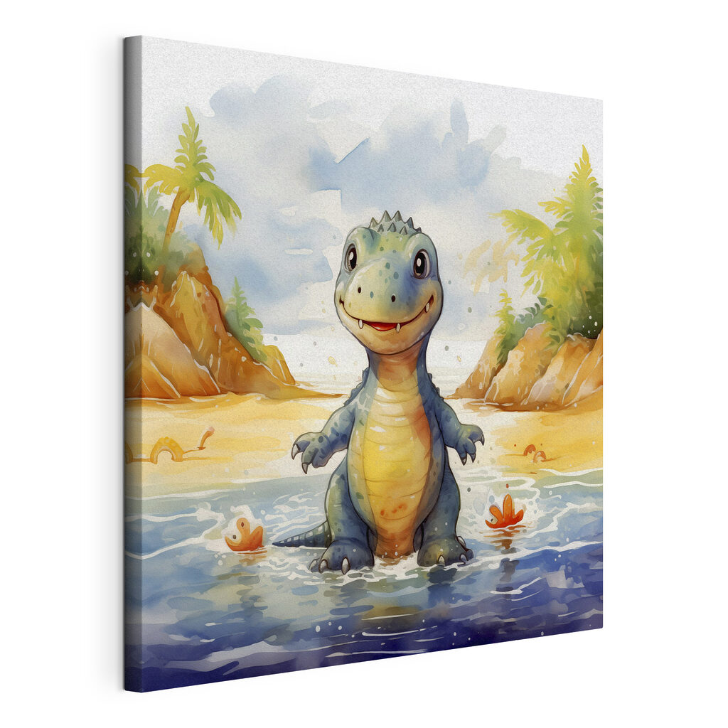 Dinosaurio en la playa, lienzo tensado con el borde envolvente