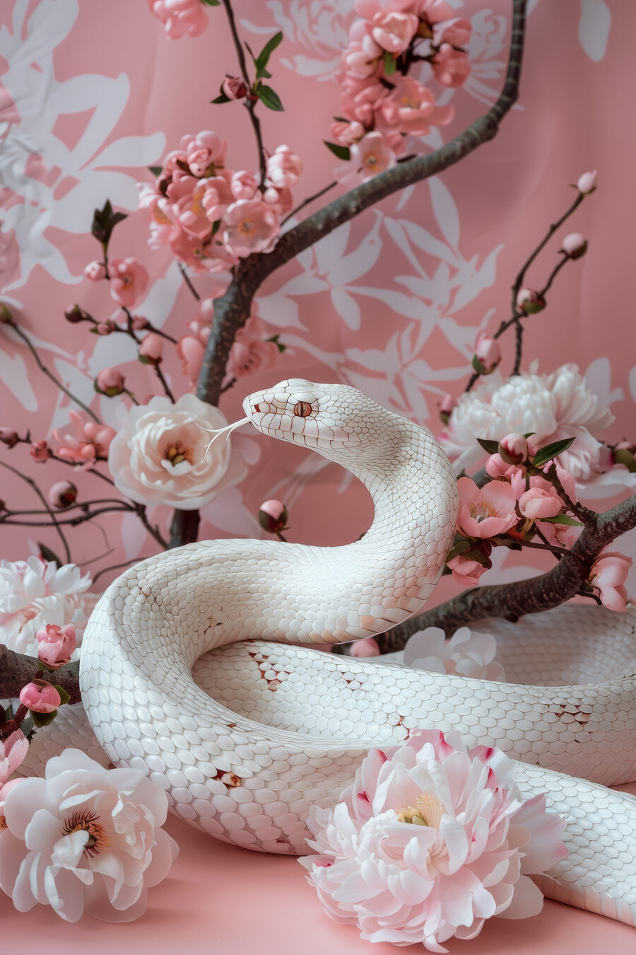 Serpiente entre flores rosas — diseño completo