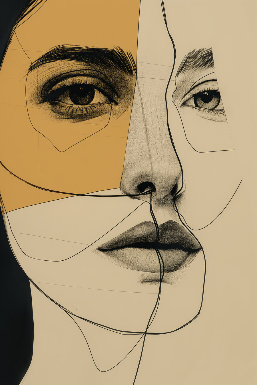 Rostro en campos ocres — diseño completo
