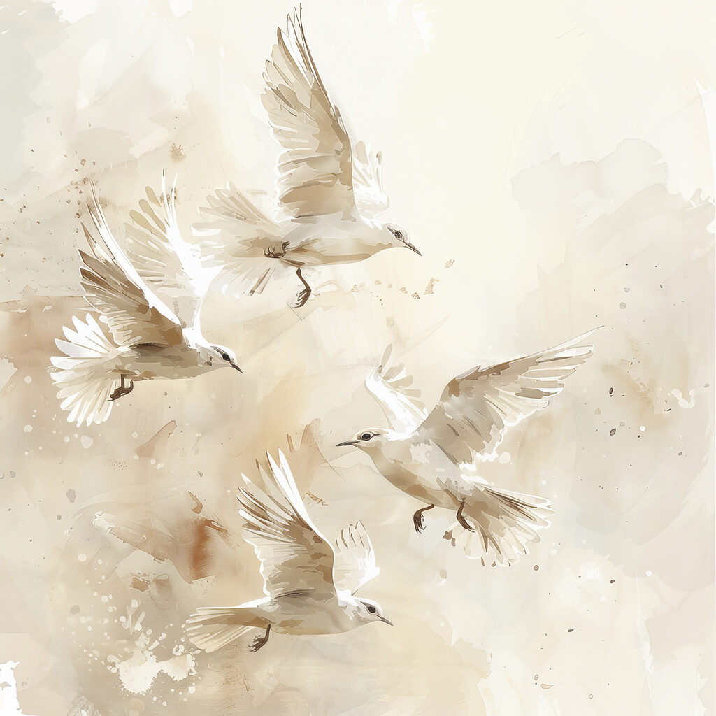 Palomas claras entre hojas — diseño completo