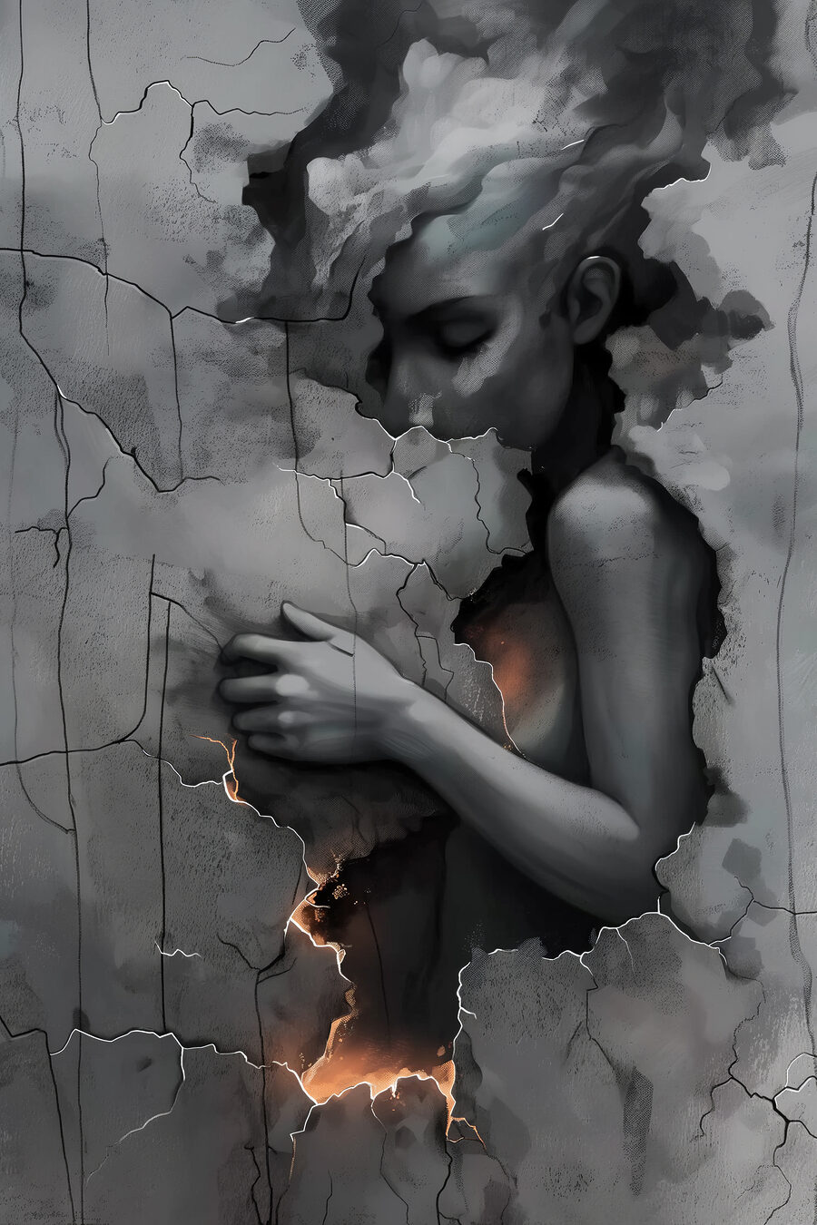 Figura en gris agrietado — diseño completo