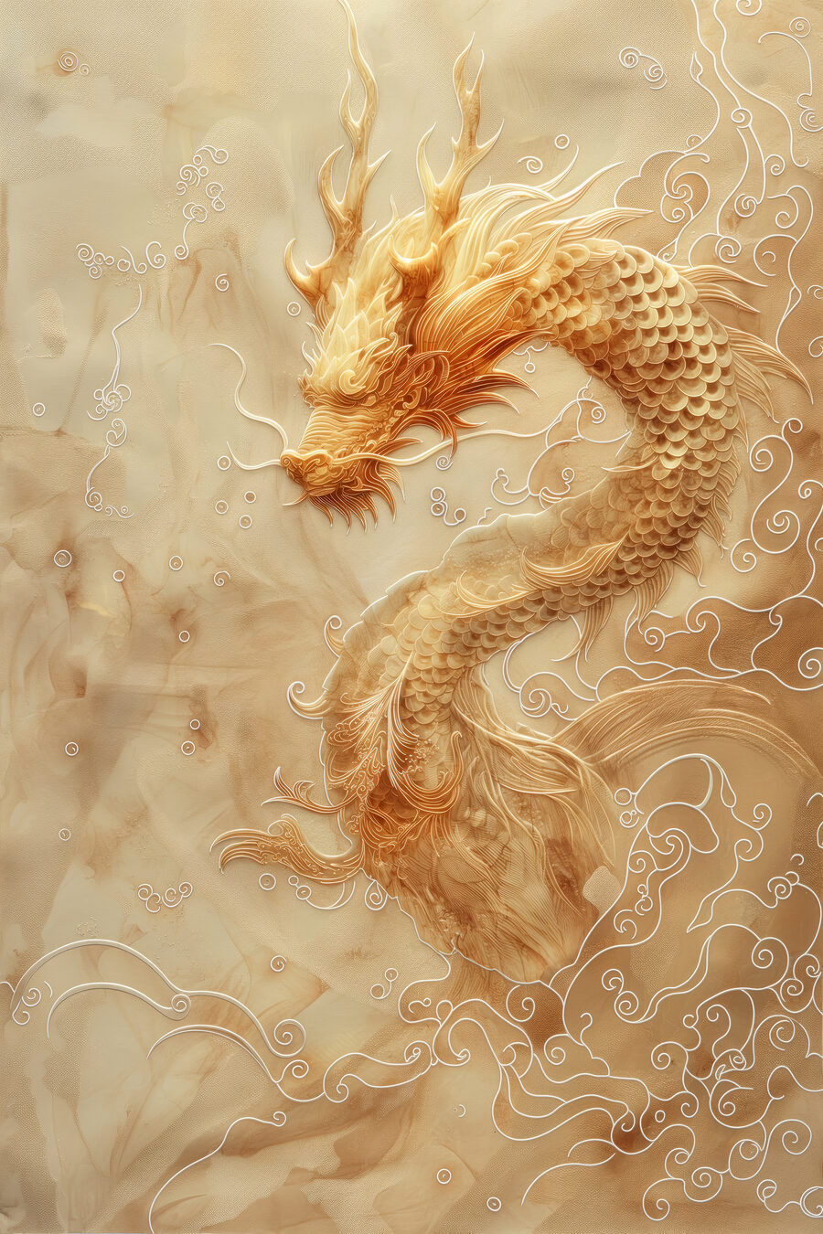 Dragón en nubes doradas — diseño completo