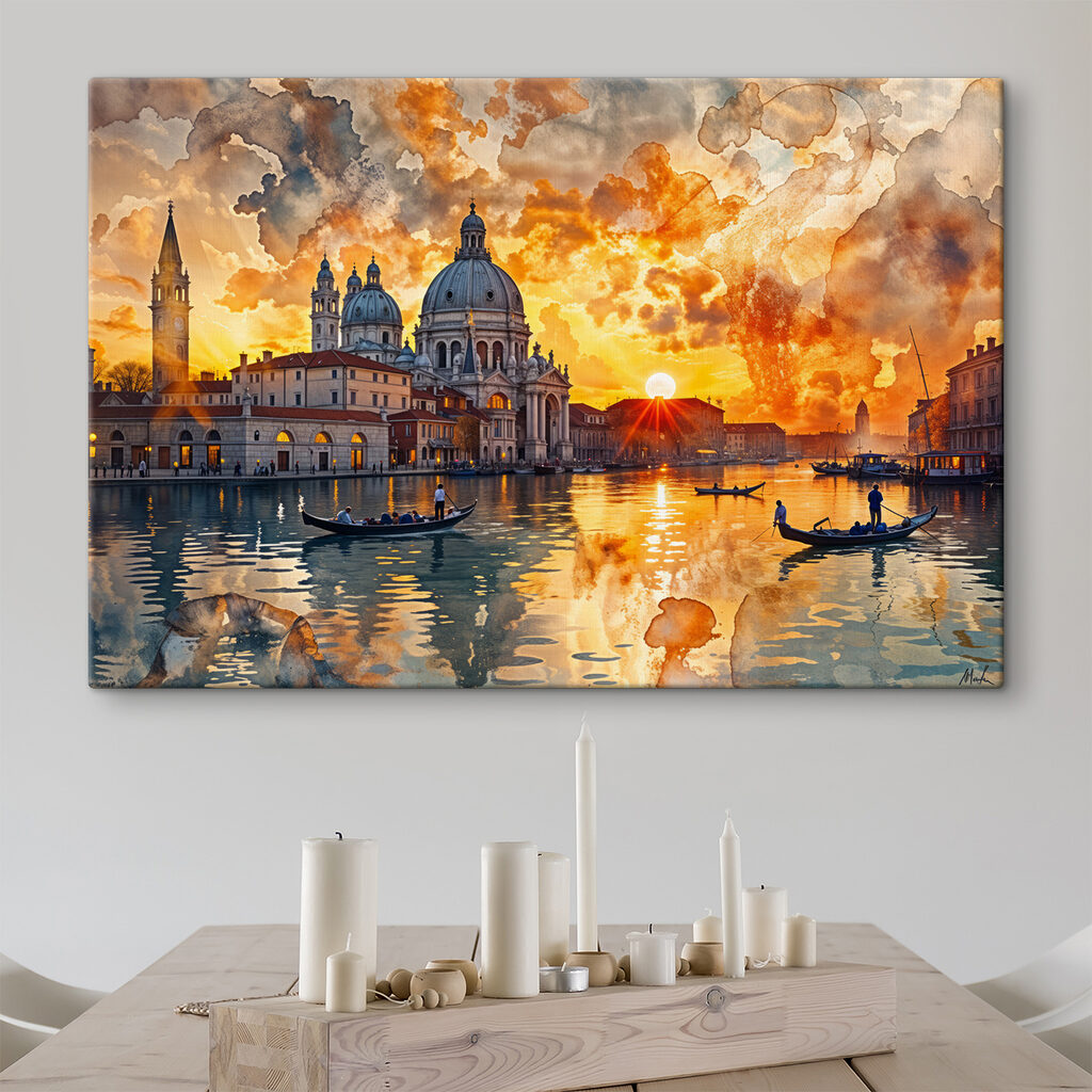 Venecia bajo nubes naranjas en un interior