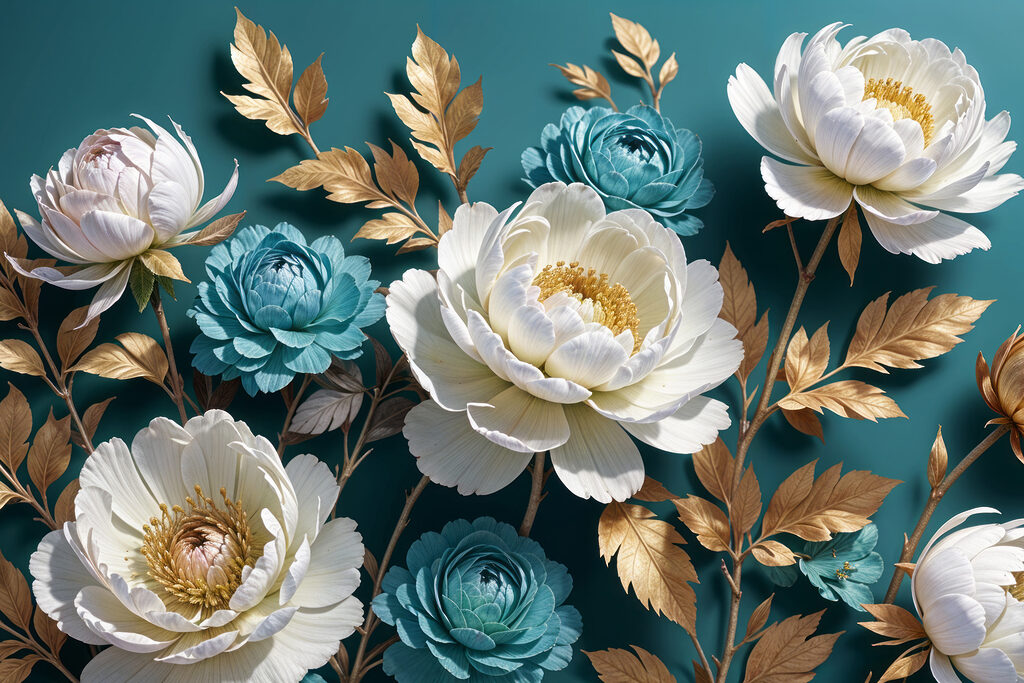 Flores blancas sobre petróleo — diseño completo