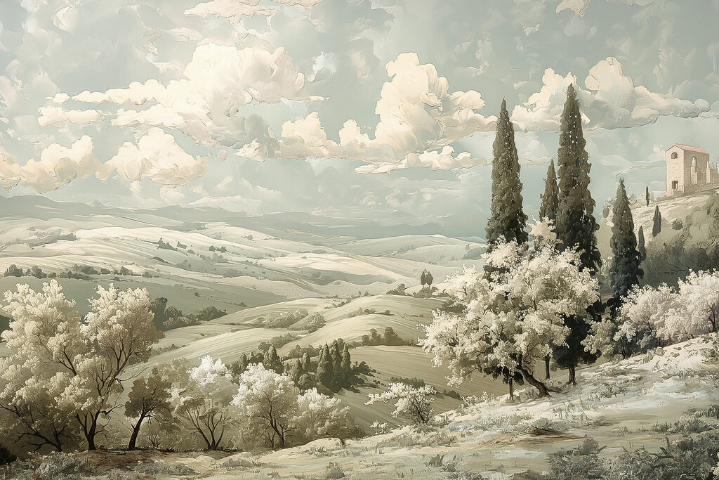 Flor blanca bajo nubes — diseño completo