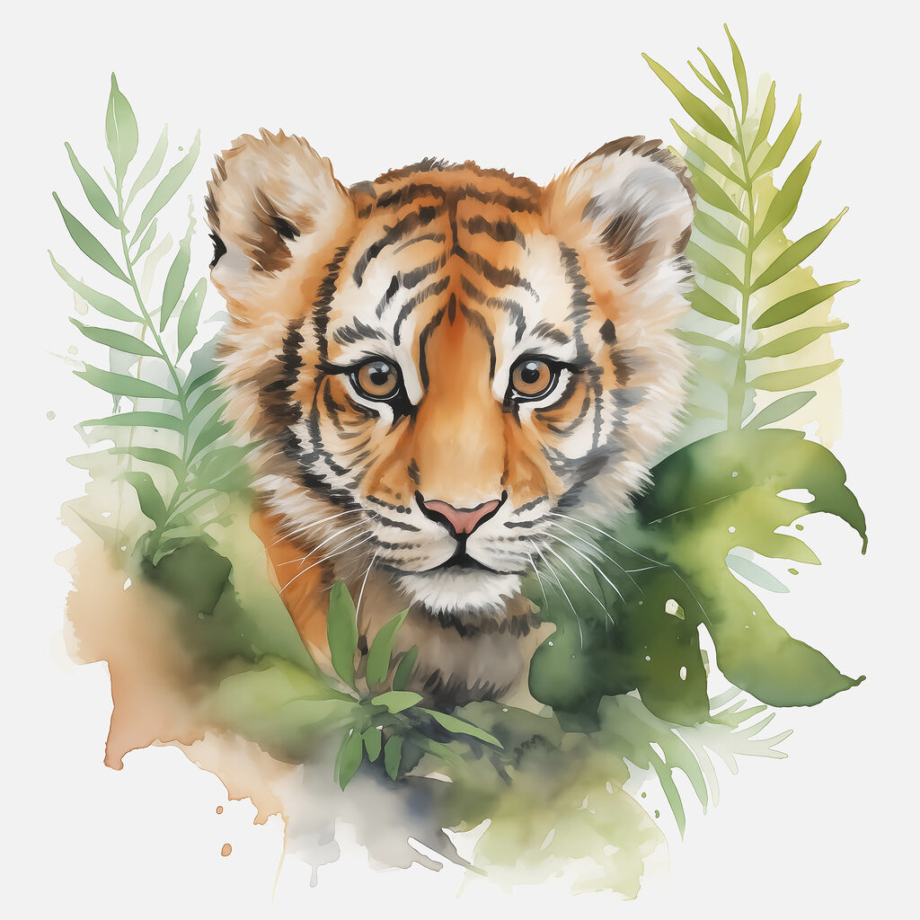 Tigre cachorro entre hojas — diseño completo