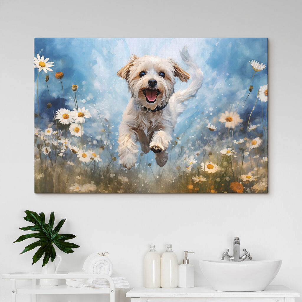 Perrito salta entre flores en un interior