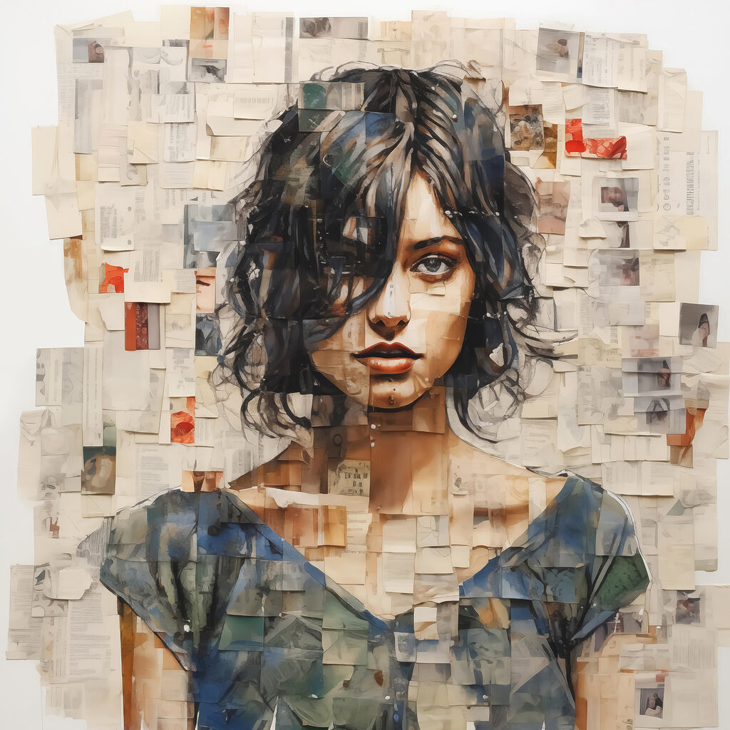 Retrato en fragmentos pálidos — diseño completo