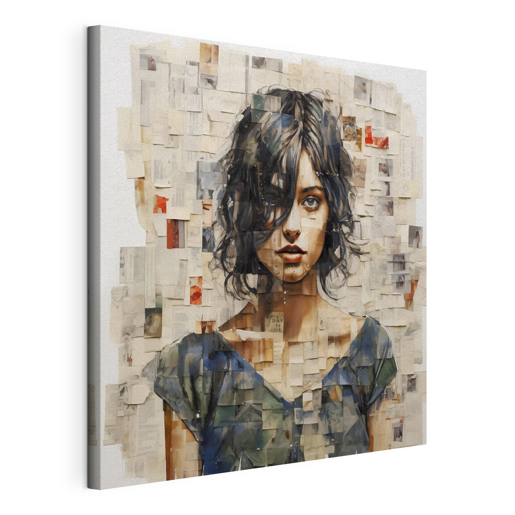 Retrato en fragmentos pálidos, lienzo tensado con el borde envolvente
