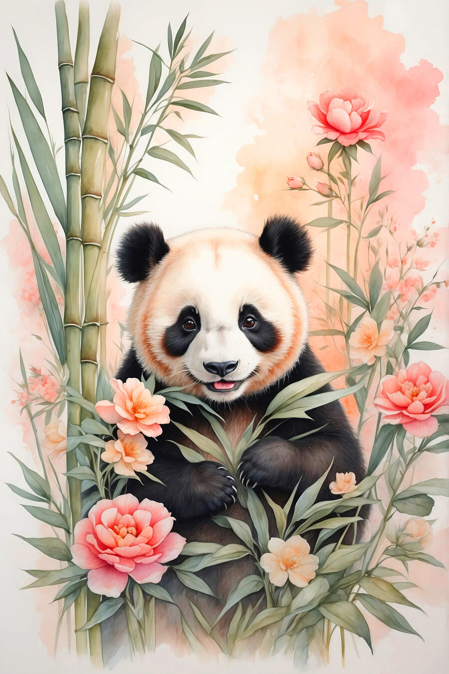 Panda entre flores rosas — diseño completo