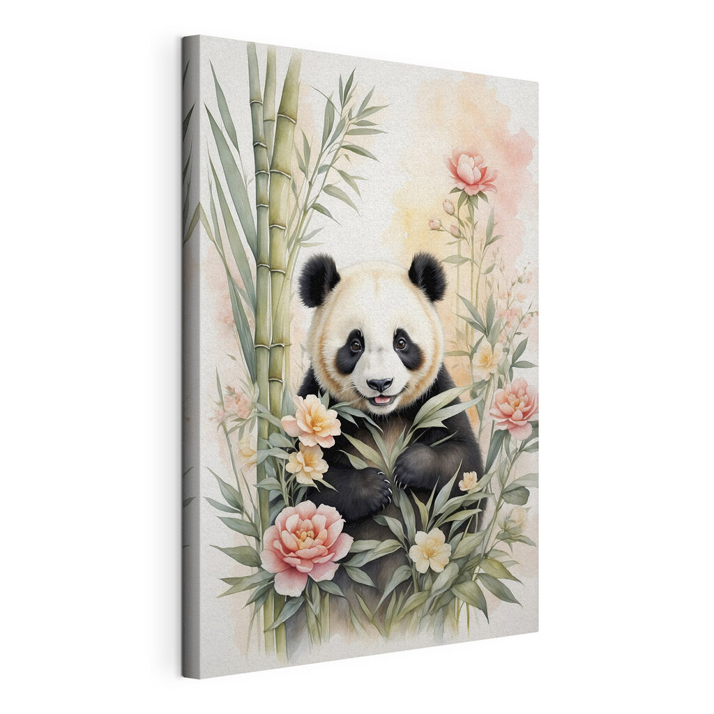 Panda entre flores rosas, lienzo tensado con el borde envolvente