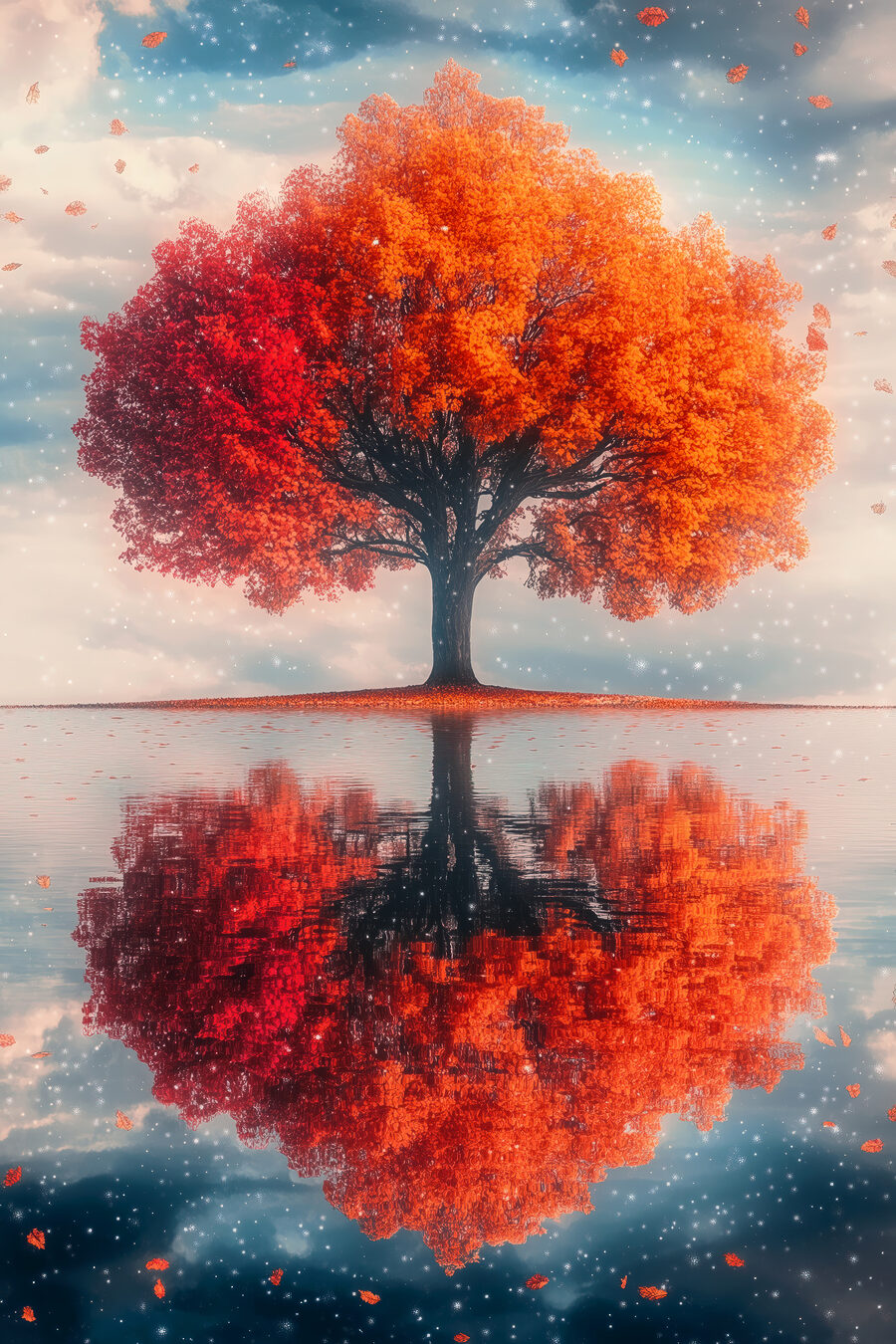 Árbol de otoño reflejado — diseño completo