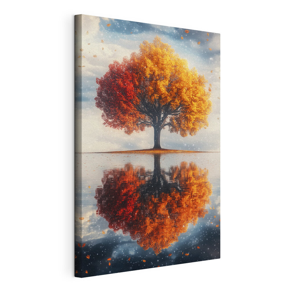 Árbol de otoño reflejado, lienzo tensado con el borde envolvente
