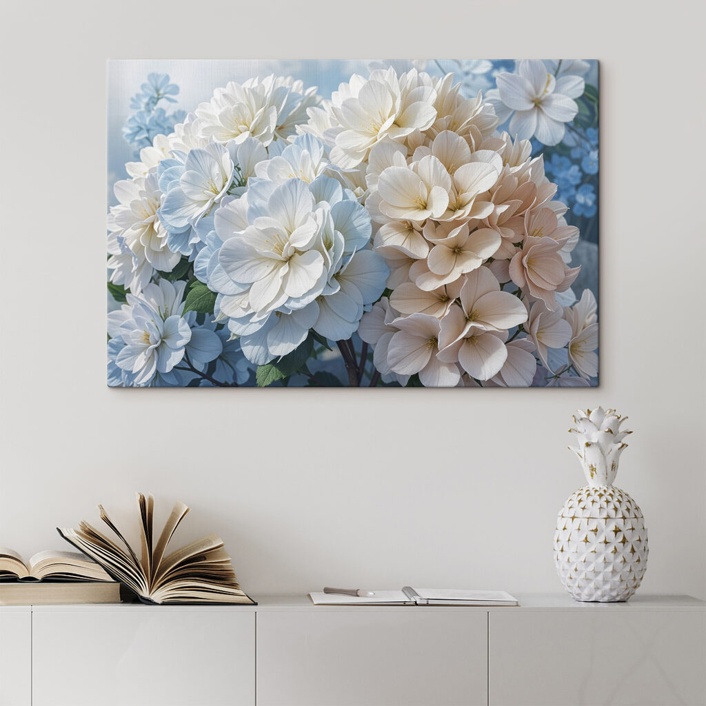 Hortensias blancas sobre azul — interior 2