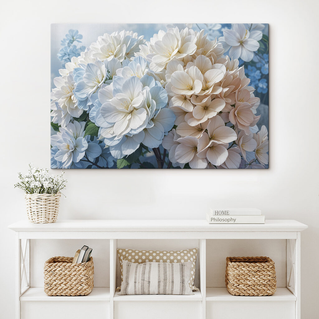 Hortensias blancas sobre azul — interior 1