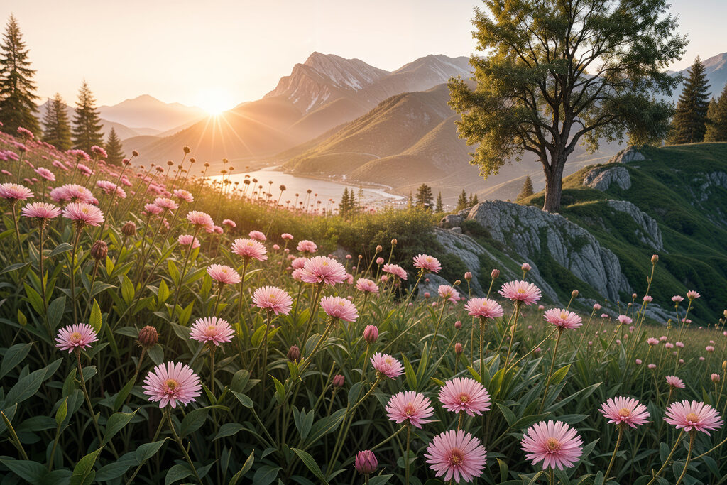 Flores rosas sobre montaña — diseño completo