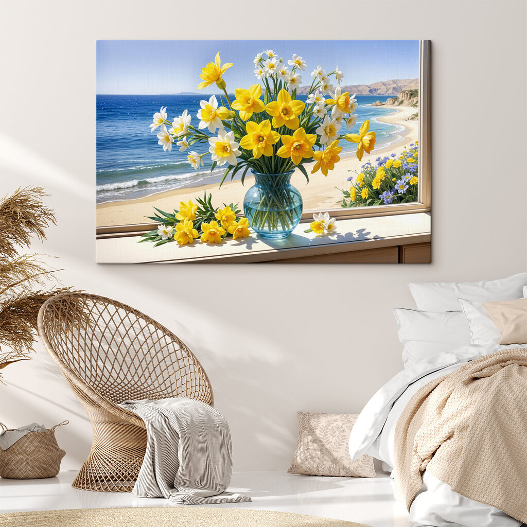 Narcisos ante bahía azul en un interior