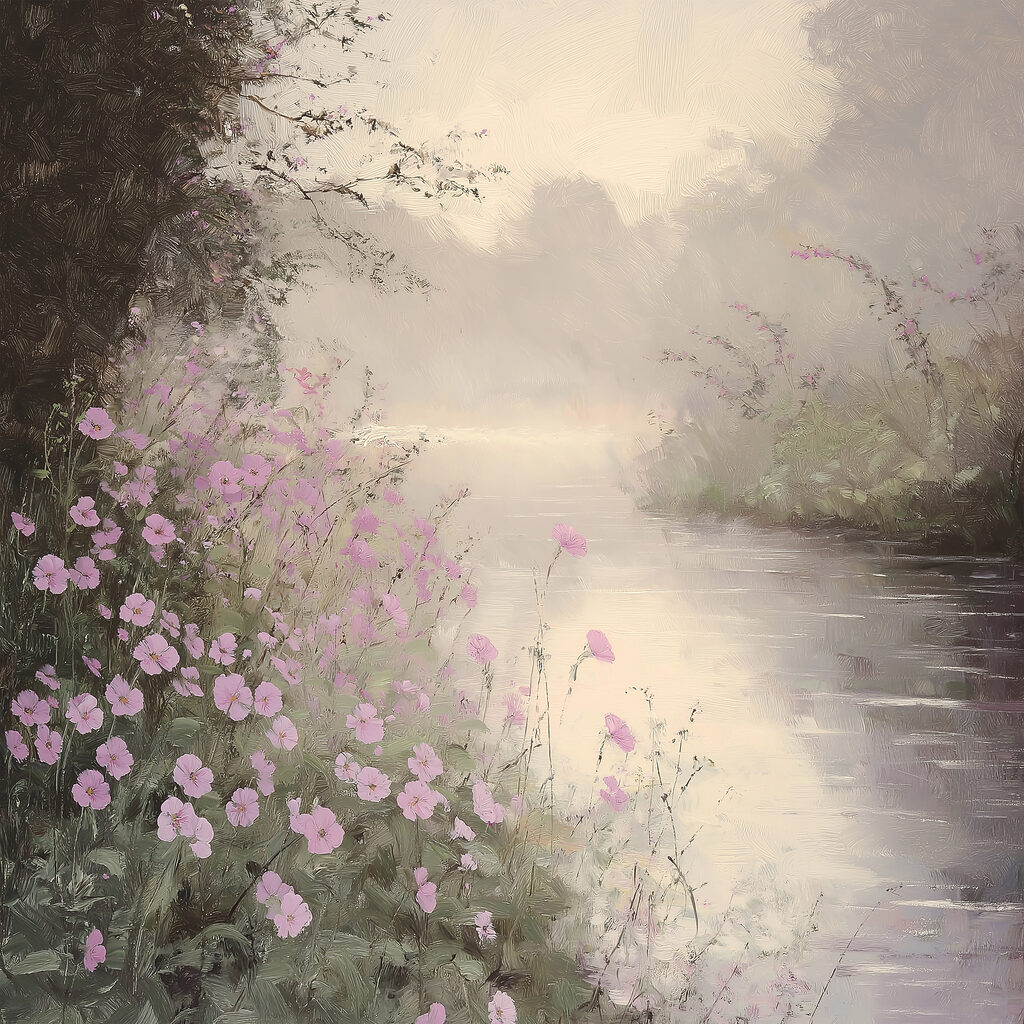 Flores rosas, río brumoso — diseño completo