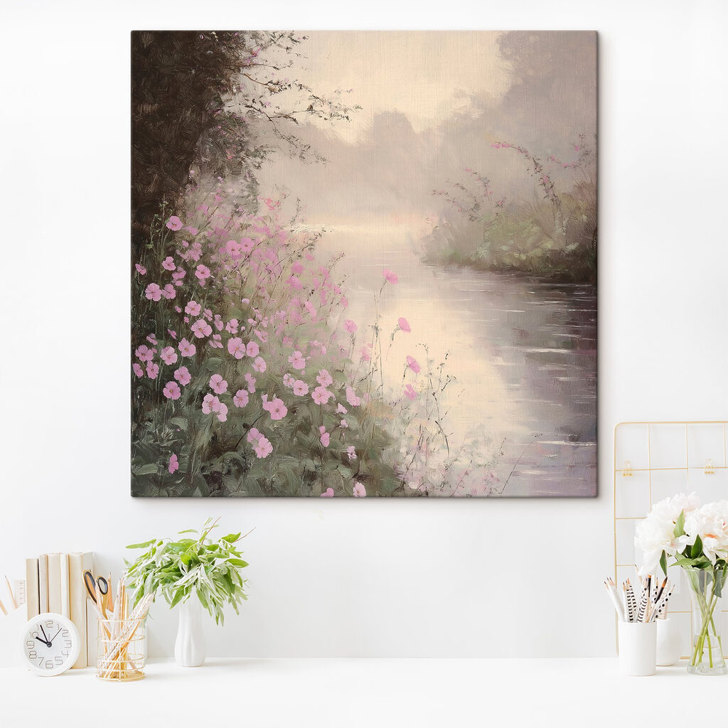 Flores rosas, río brumoso — interior 3