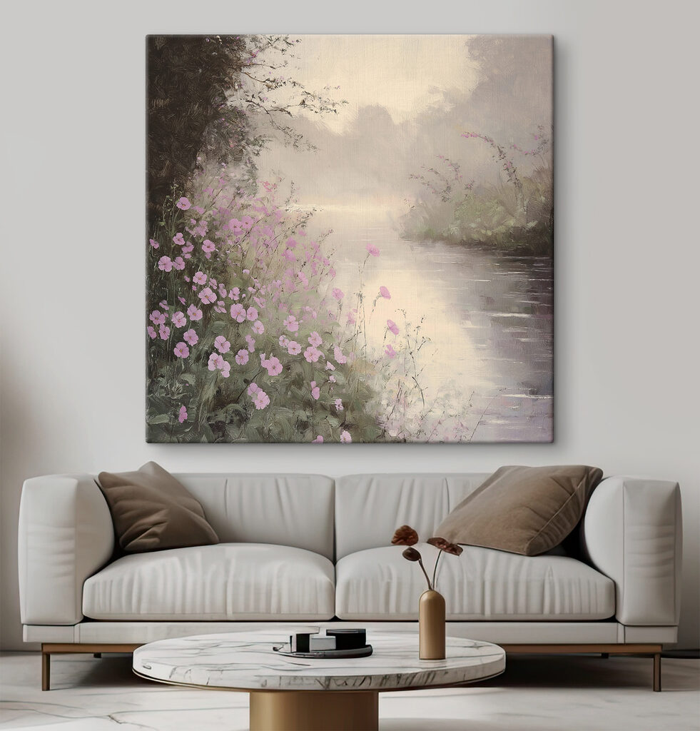 Flores rosas, río brumoso — interior 1