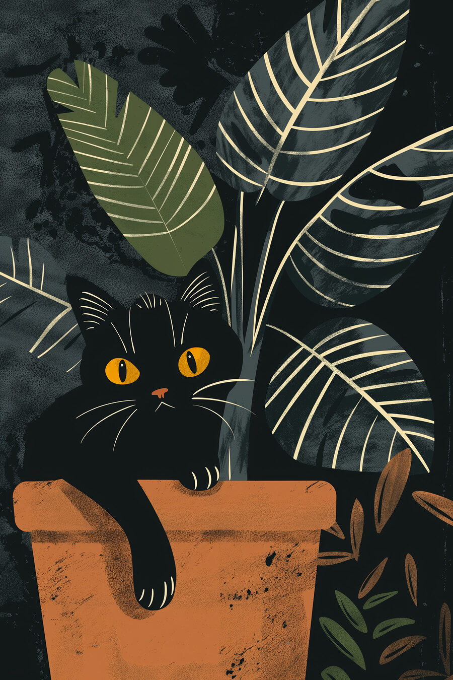 Gato negro entre hojas — diseño completo
