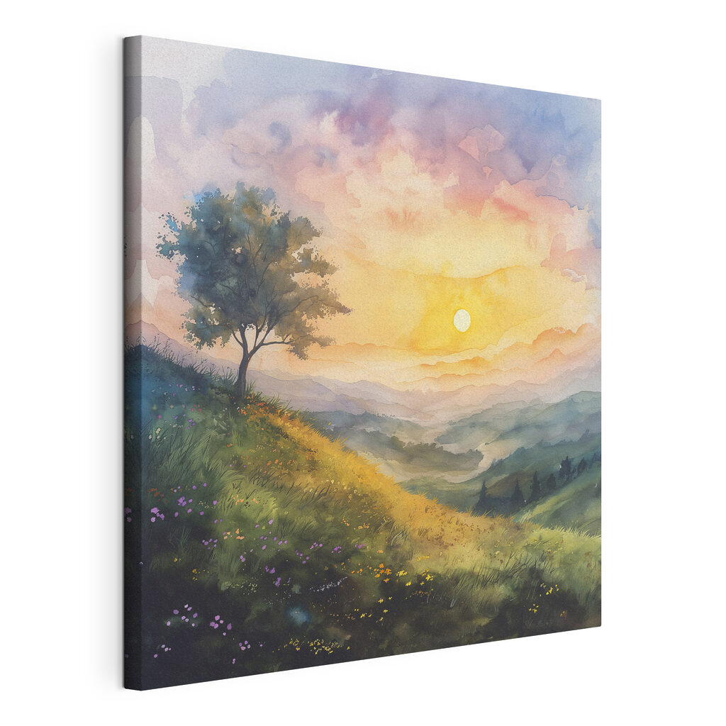 Árbol al amanecer, lienzo tensado con el borde envolvente