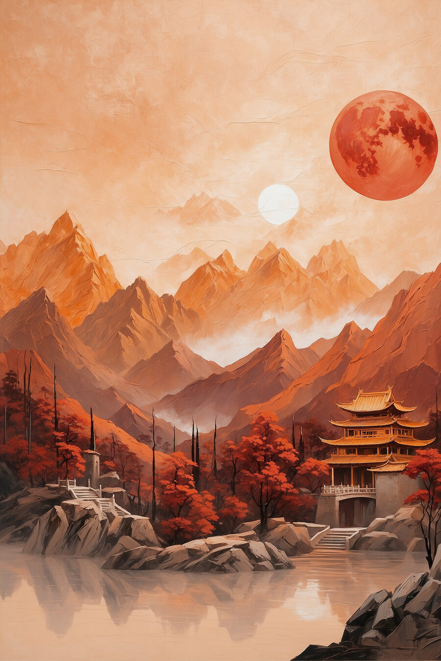 Templo bajo luna roja — diseño completo