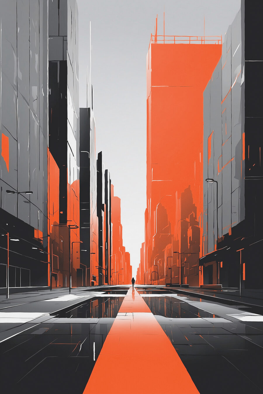 Calle naranja entre edificios — diseño completo