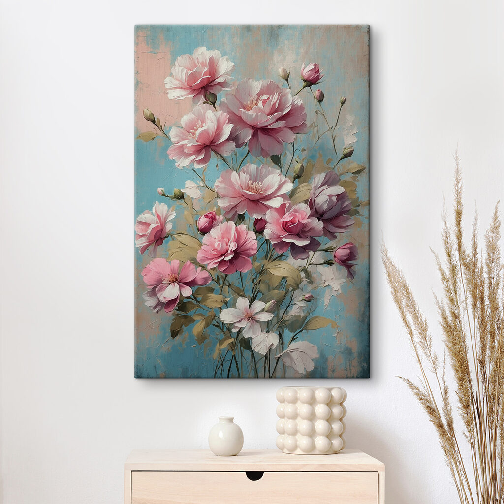 Flores rosas sobre turquesa en un interior