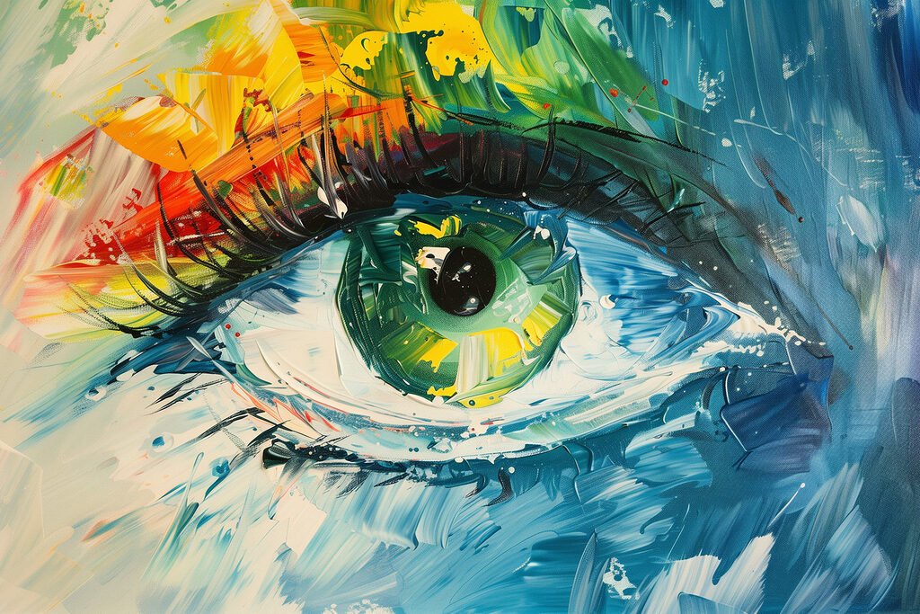 Mirada verde entre pinceladas — diseño completo