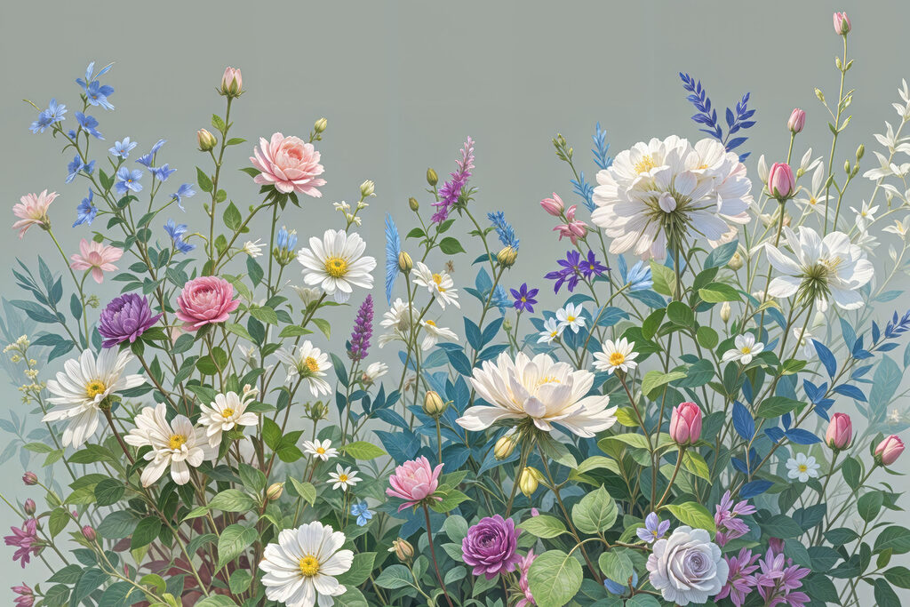 Pradera de flores grisáceas — diseño completo