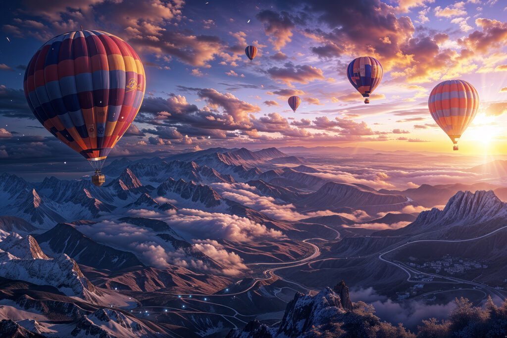 Globos sobre montañas moradas — diseño completo