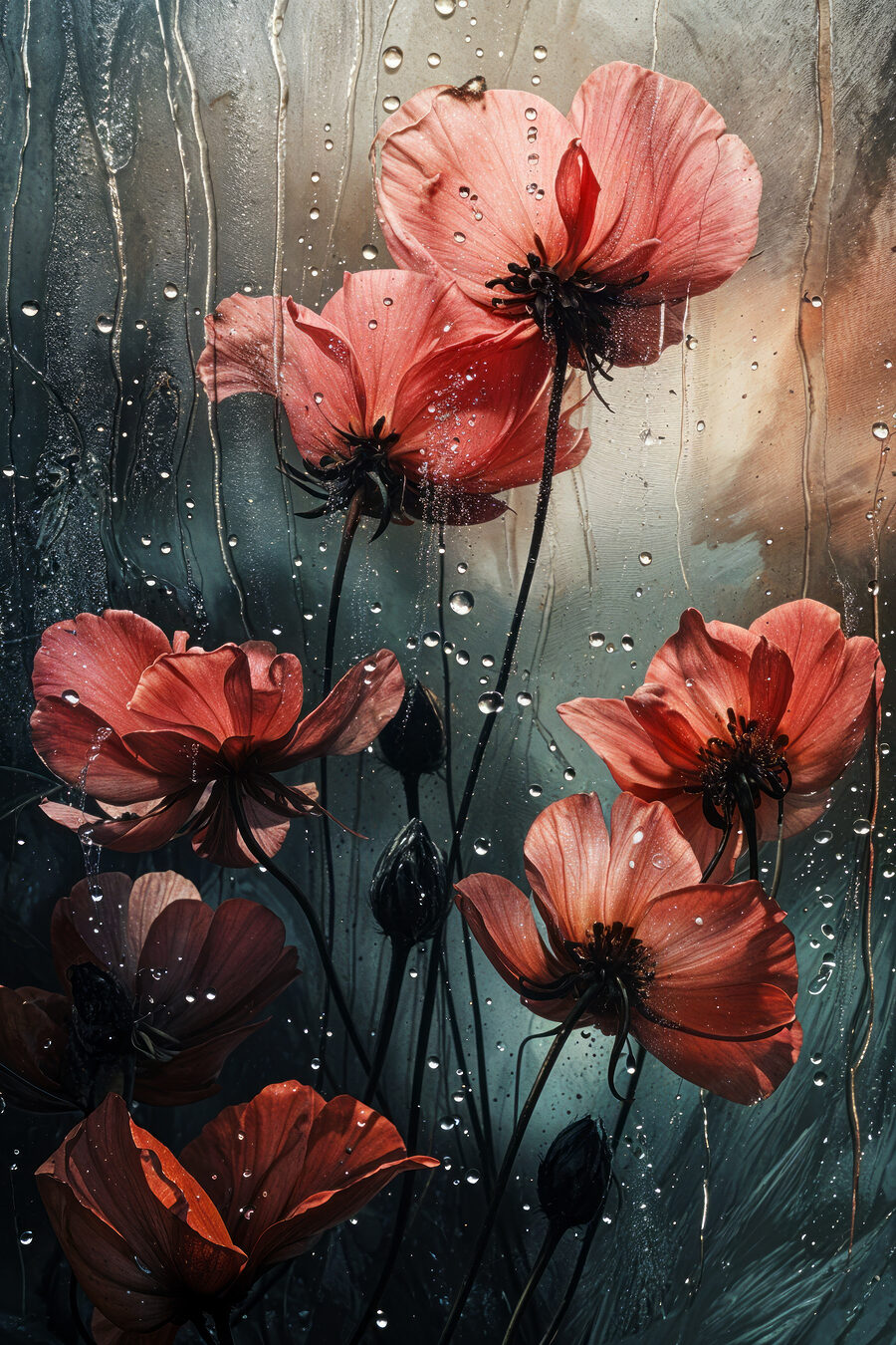 Flores rojas y lluvia — diseño completo