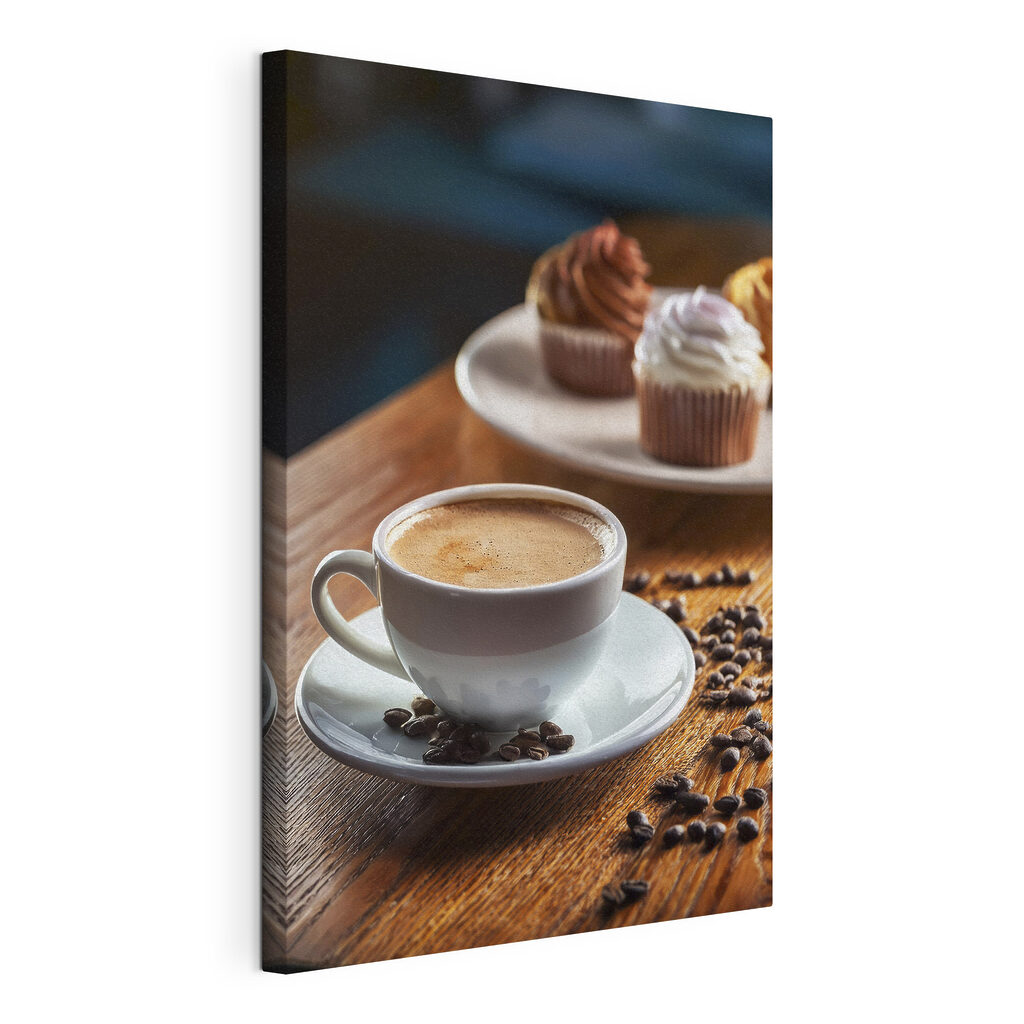 Café con pastelitos, lienzo tensado con el borde envolvente