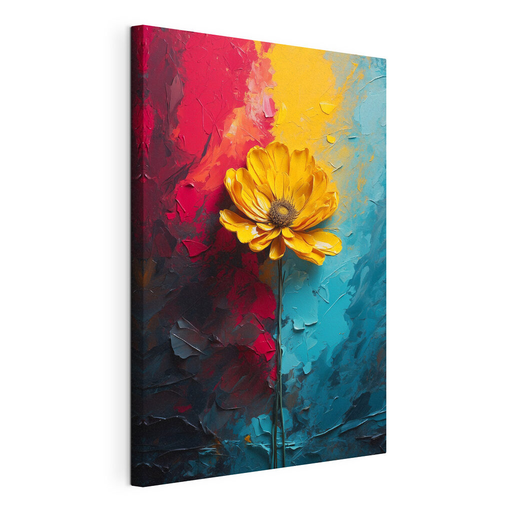 Flor amarilla entre colores, lienzo tensado con el borde envolvente