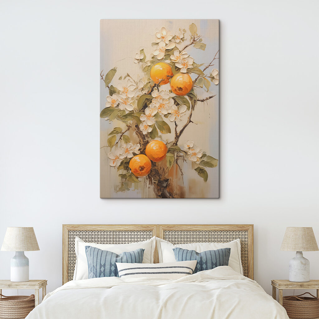 Naranjas entre flores blancas en un interior