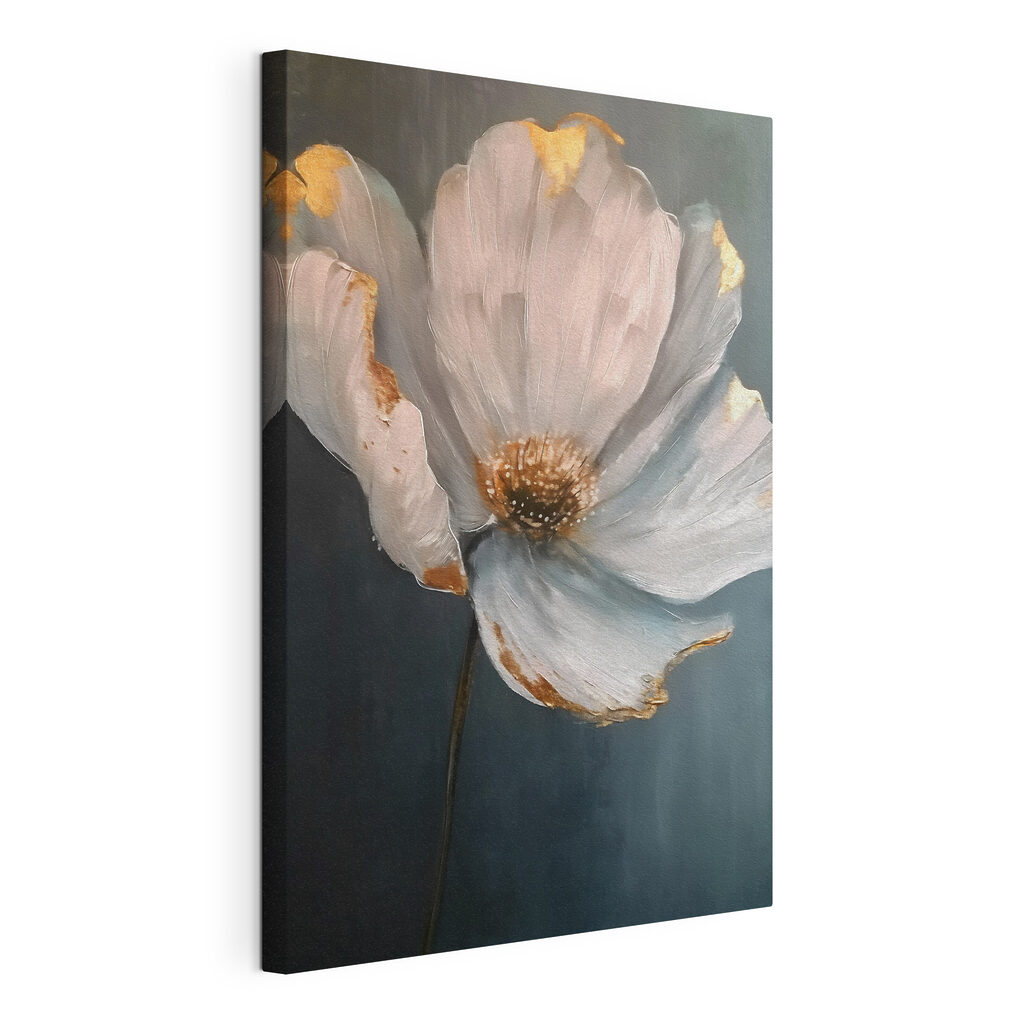 Flor sobre azul oscuro, lienzo tensado con el borde envolvente