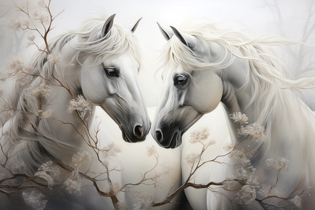 Caballos blancos entre ramas — diseño completo