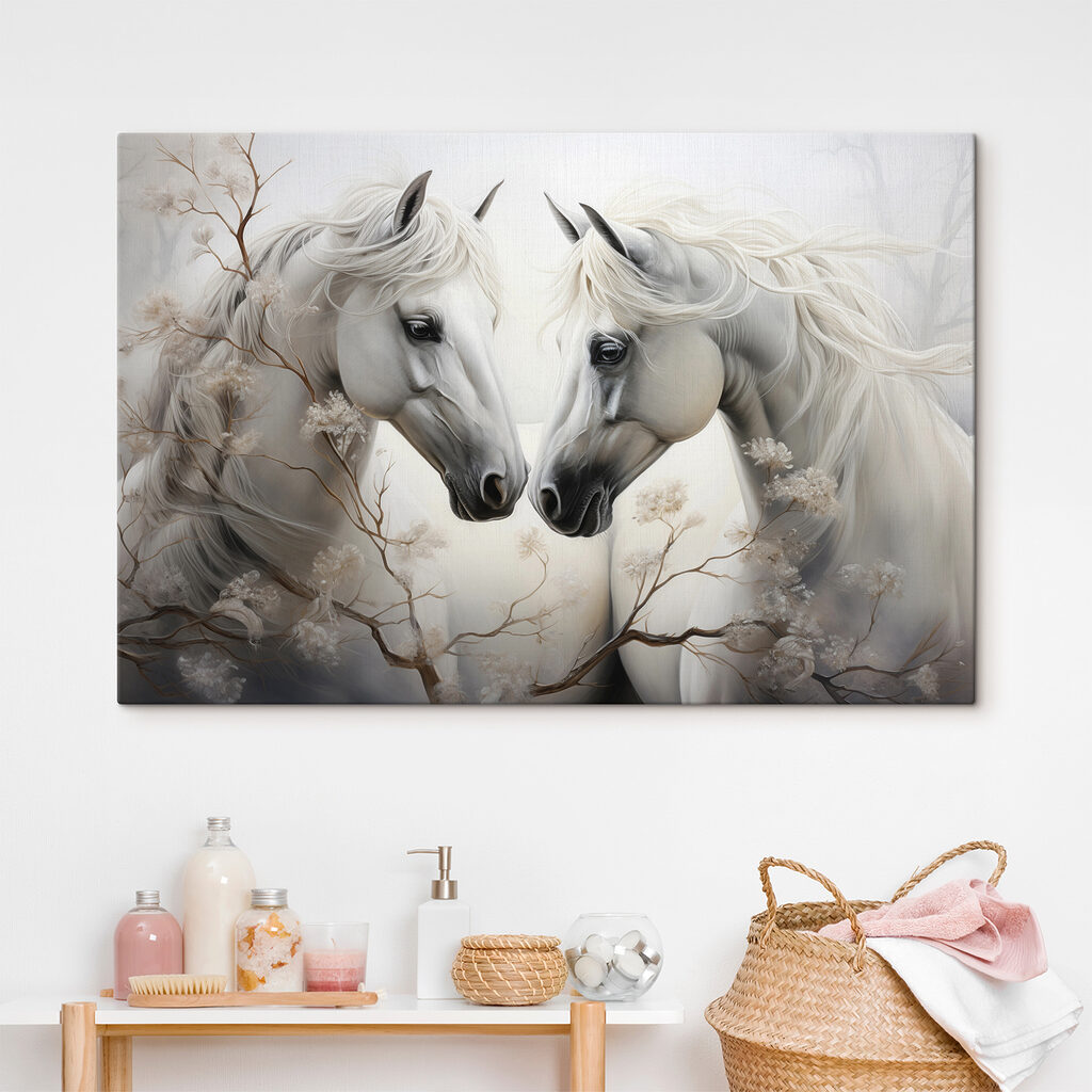 Caballos blancos entre ramas en un interior