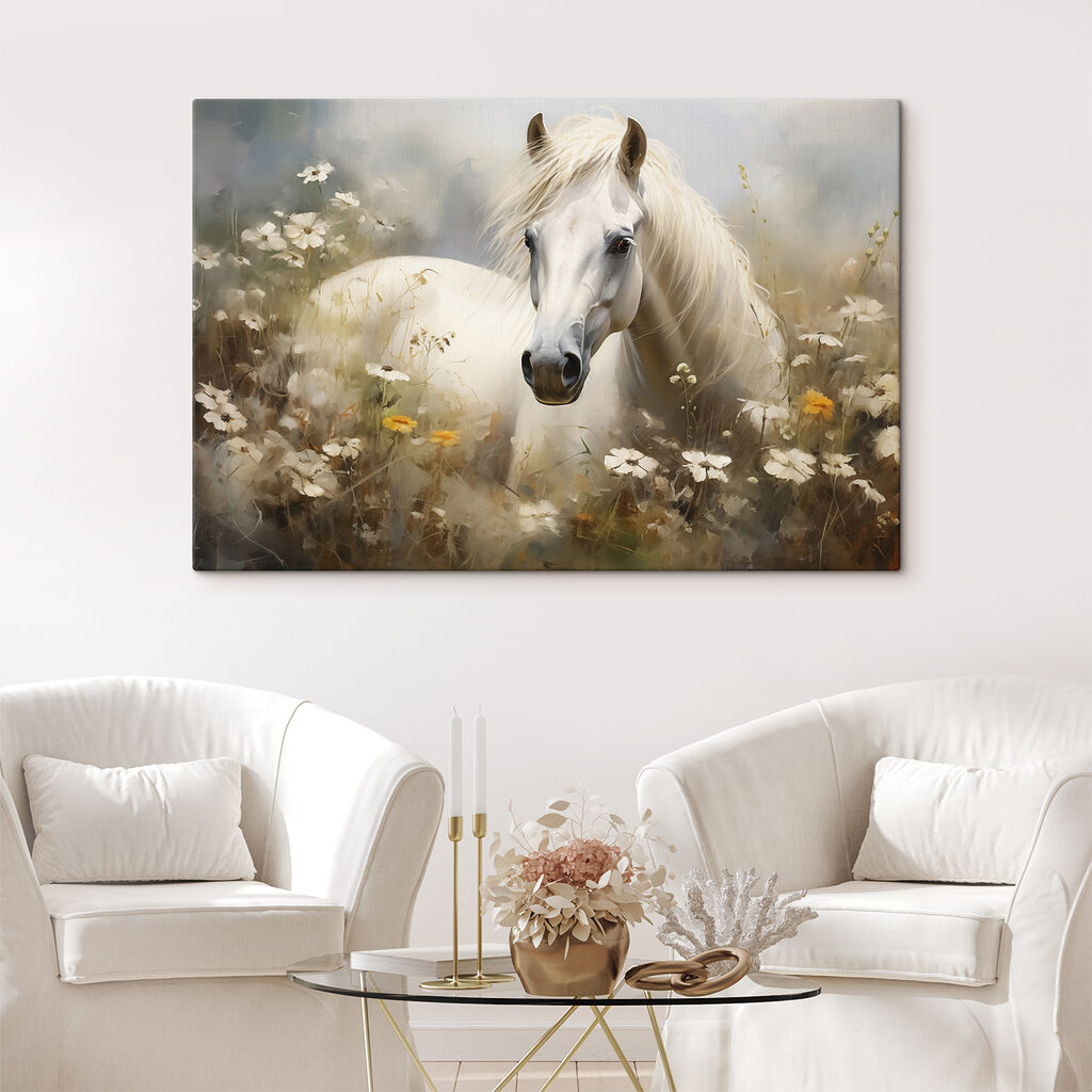 Caballo blanco entre margaritas en un interior